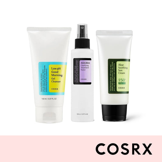 COSRX Bestseller Set (Low pH Cleanser 150ml, AHA/BHA Clarifying Treatment Toner 150ml, Aloe Soothing Suncream 50ml